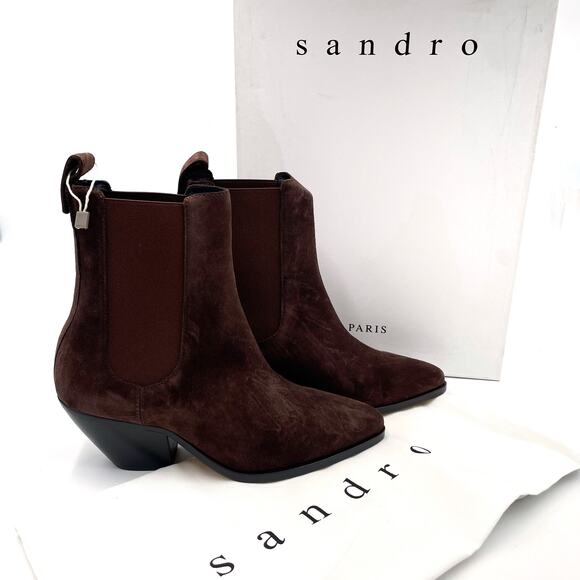 Sandro Marron Chelsea Boots Brown Suede Western Pointed Block Heel Sz 36 / 6 - Picture 1 of 9